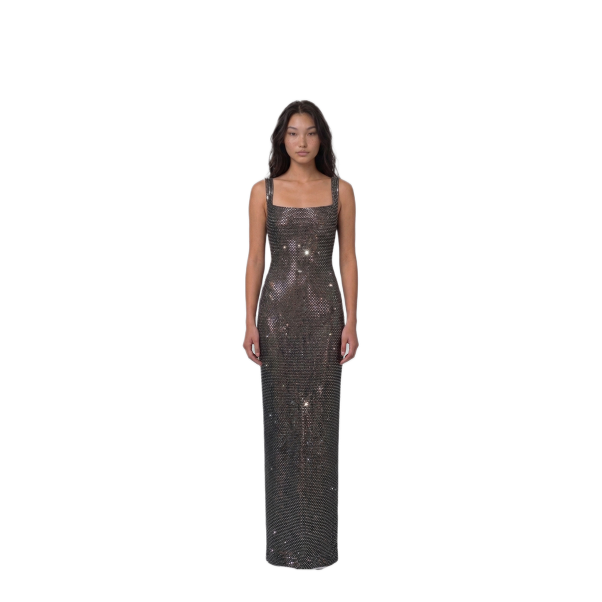 MAYFEYR - Self Portrait - Gunmetal Square Maxi Dress With Rhinestones - SC26005XGR