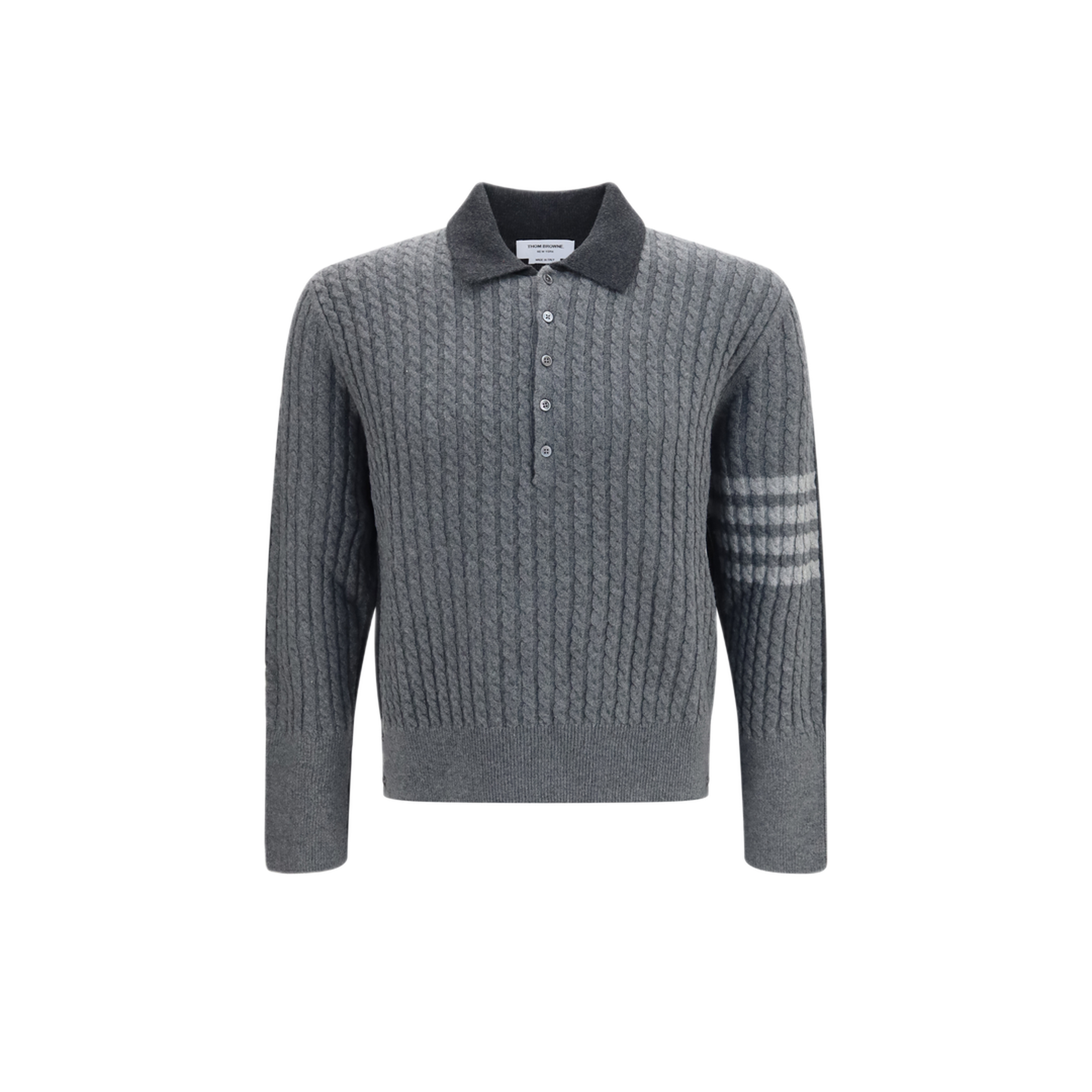 MAYFEYR - Thom Browne - 4 Bar Cable Knit Long Sleeve Polo Sweater - MKP166AY1018