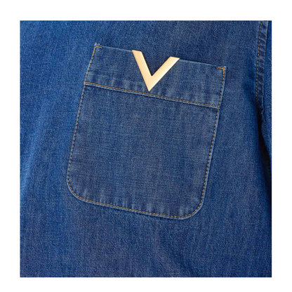 V-Neck Pocket Denim Shirt Blue