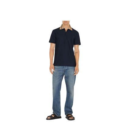 Checked-Collar Cotton Polo Shirt - Blue