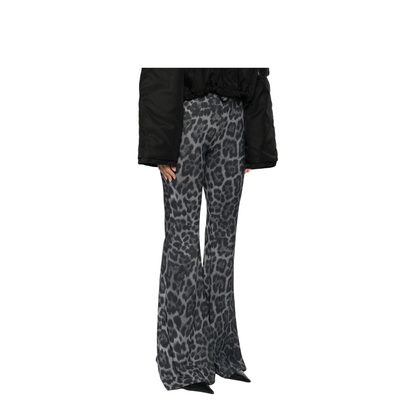 Ash Grey Leopard-Print Mid-Rise Flared Trousers
