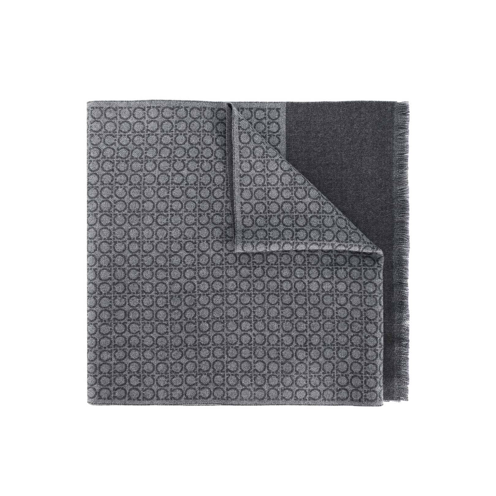 Ash Grey Wool Gancini Print Contrasting Panel Detail Fringed Edge Rectangle Shape Wraparound Style