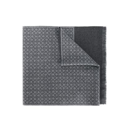 Ash Grey Wool Gancini Print Contrasting Panel Detail Fringed Edge Rectangle Shape Wraparound Style