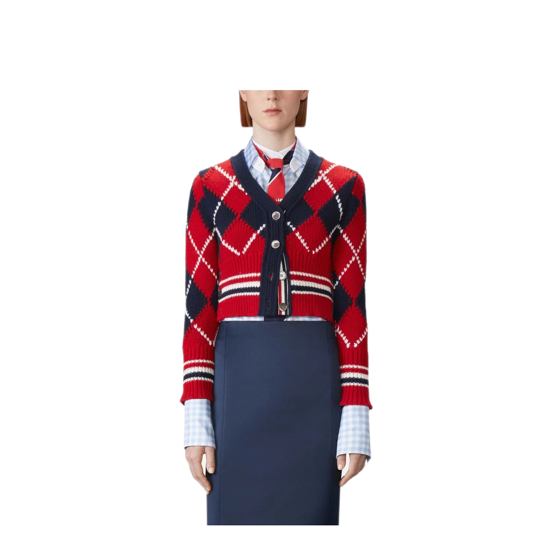 MAYFEYR - Thom Browne - Argyle Jersey Intarsia Shrunken V Neck Cardigan In Chunky Merino Wool W/ Rwb Stripe - FKC679BY1029960