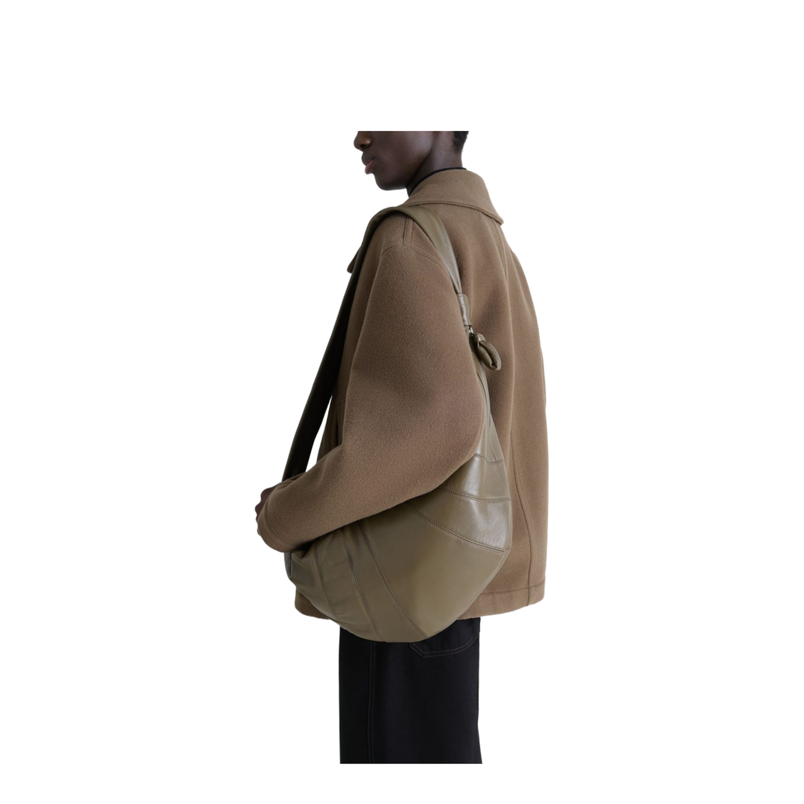 Khaki Leather Curved Shape Bag