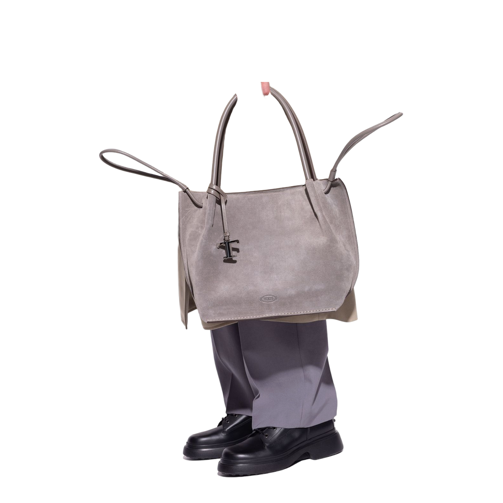 Grey Calf Suede Double Top-Handle Bag
