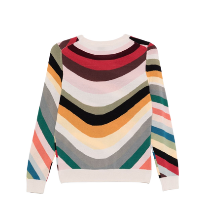 Yellow Multicolour Wave Stripe Pattern Long Sleeves Crew Neck Merino Wool Straight Hem