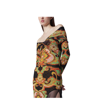 Asymmetrical Midi Dress in Stretch Tulle with Traditional Floral Print