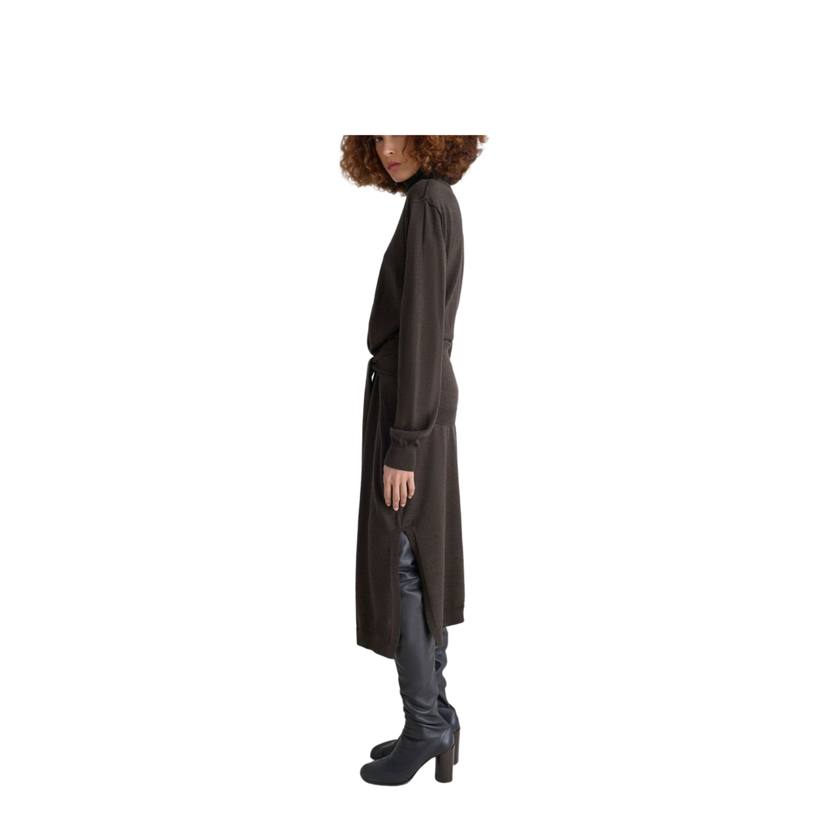 Dark Cacao Brown Turtleneck with Tie-Waist Belt