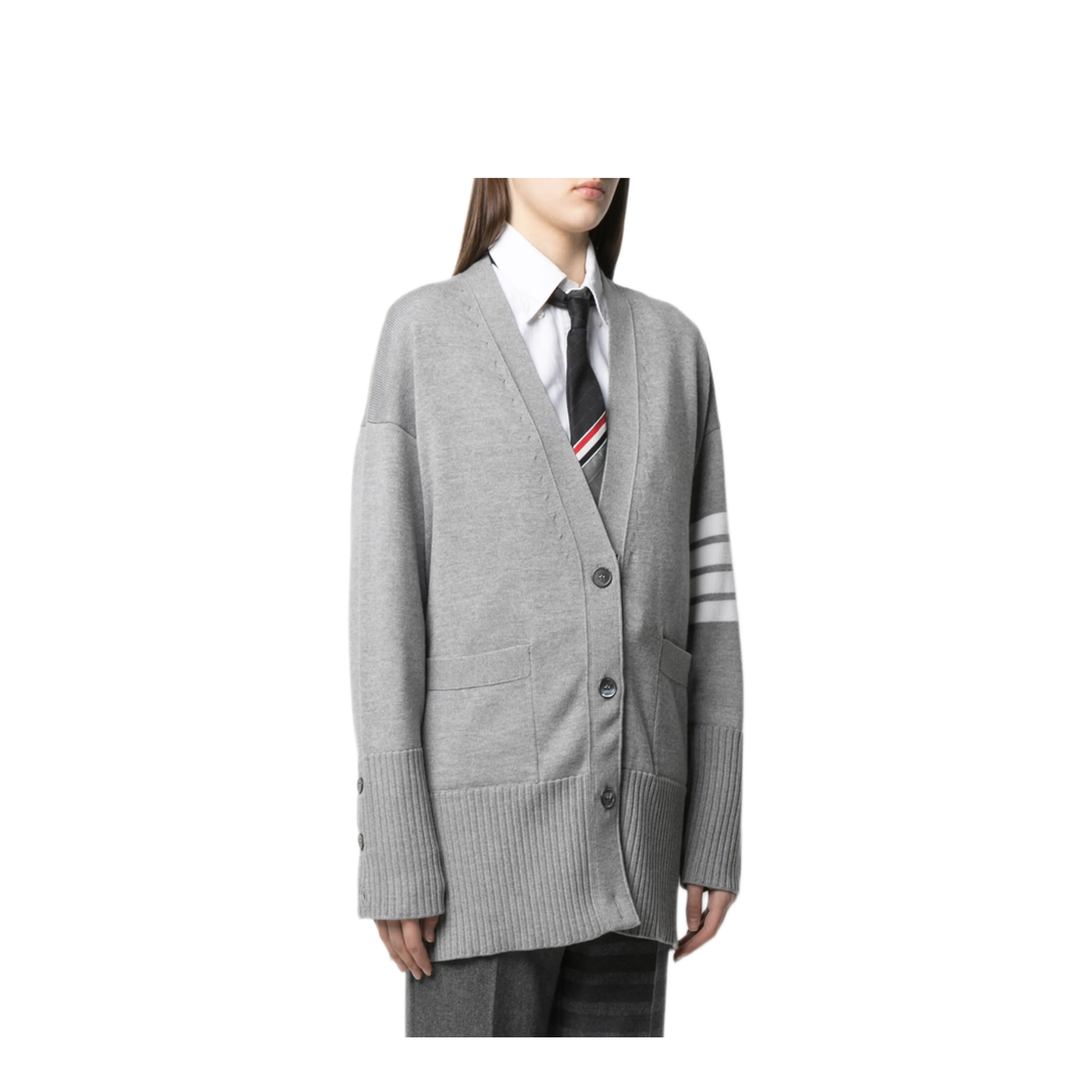 MAYFEYR - Thom Browne - Exaggerated Fit V Neck Cardigan With 4 Bar Stripe In Fine Merino Wool - FKC402AY1002055