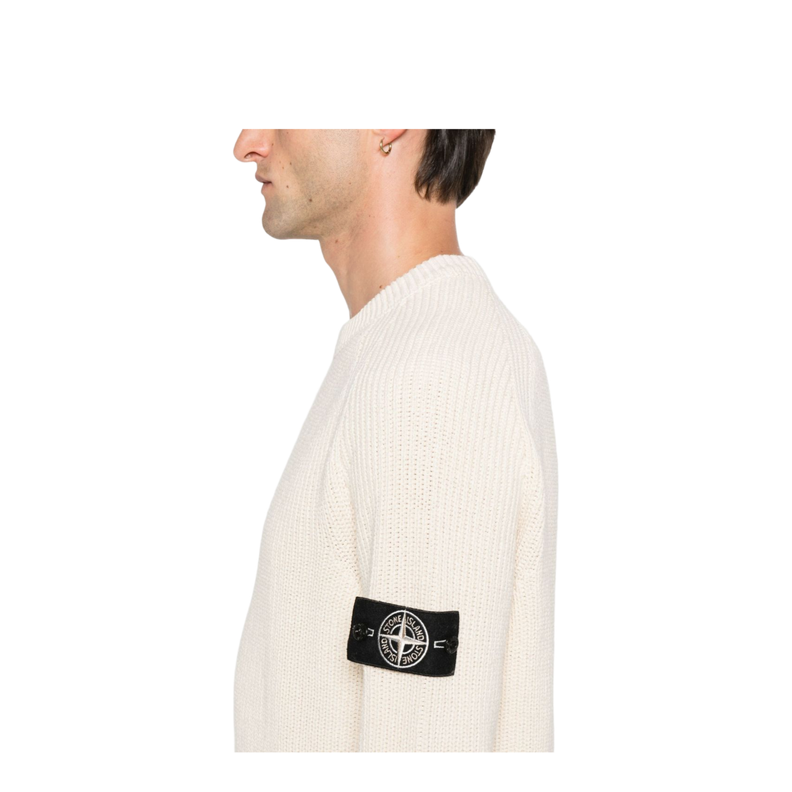 Beige Ribbed Knit Crew Neck Long Sleeves Compass Badge Cotton