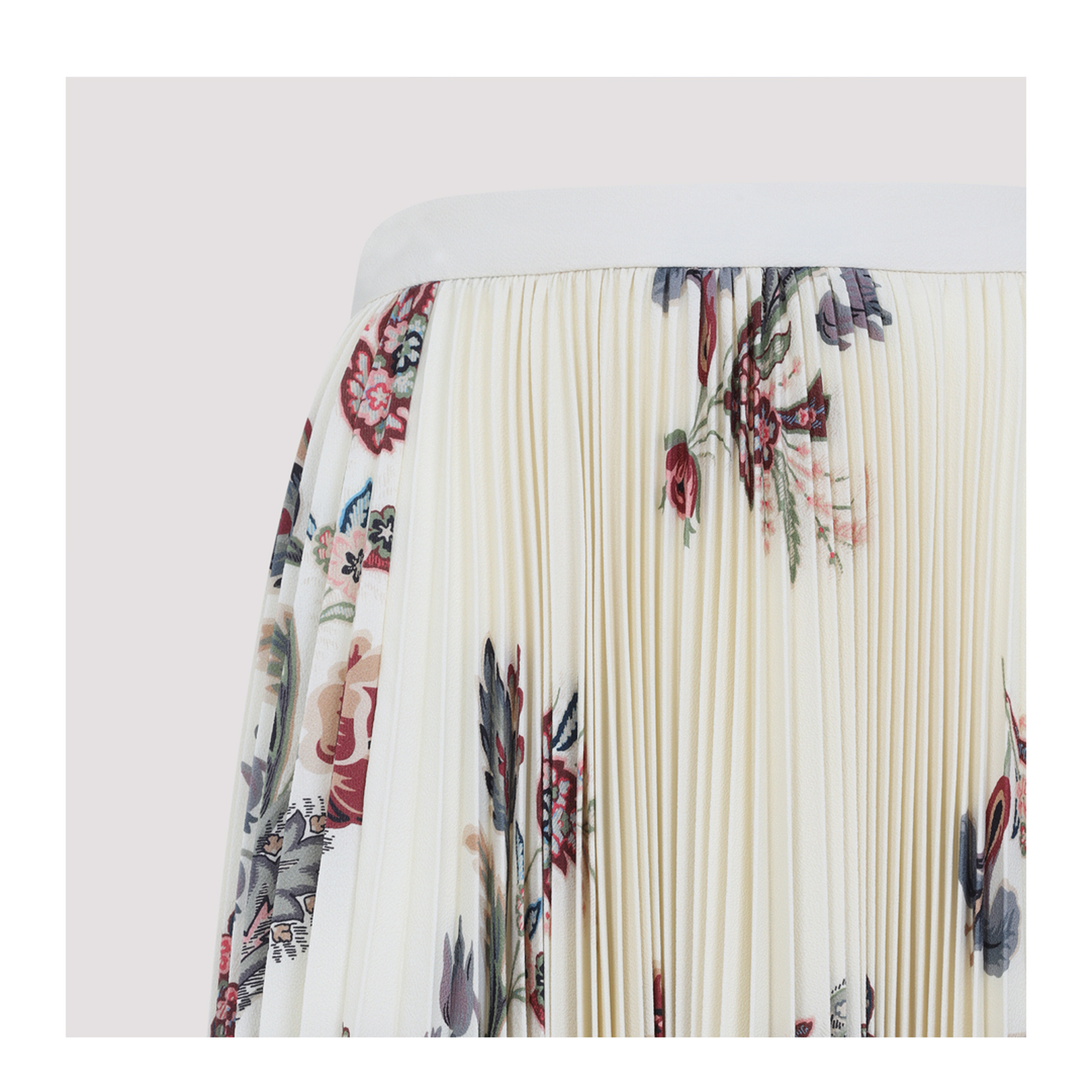 Beige Floral Print Sablé Pleated Midi Skirt