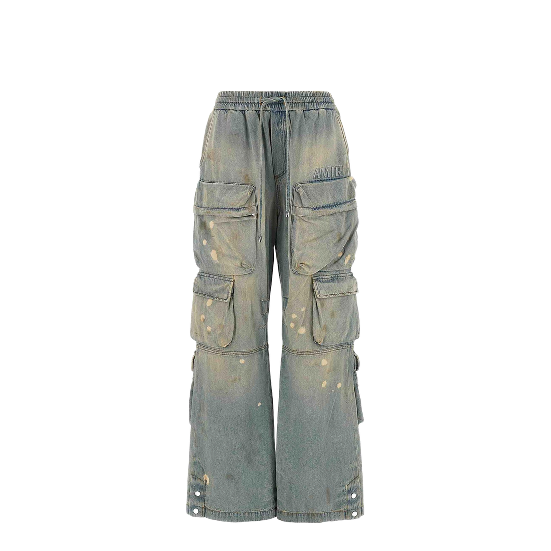 Cargo-Pockets Drawstring Jeans Blue