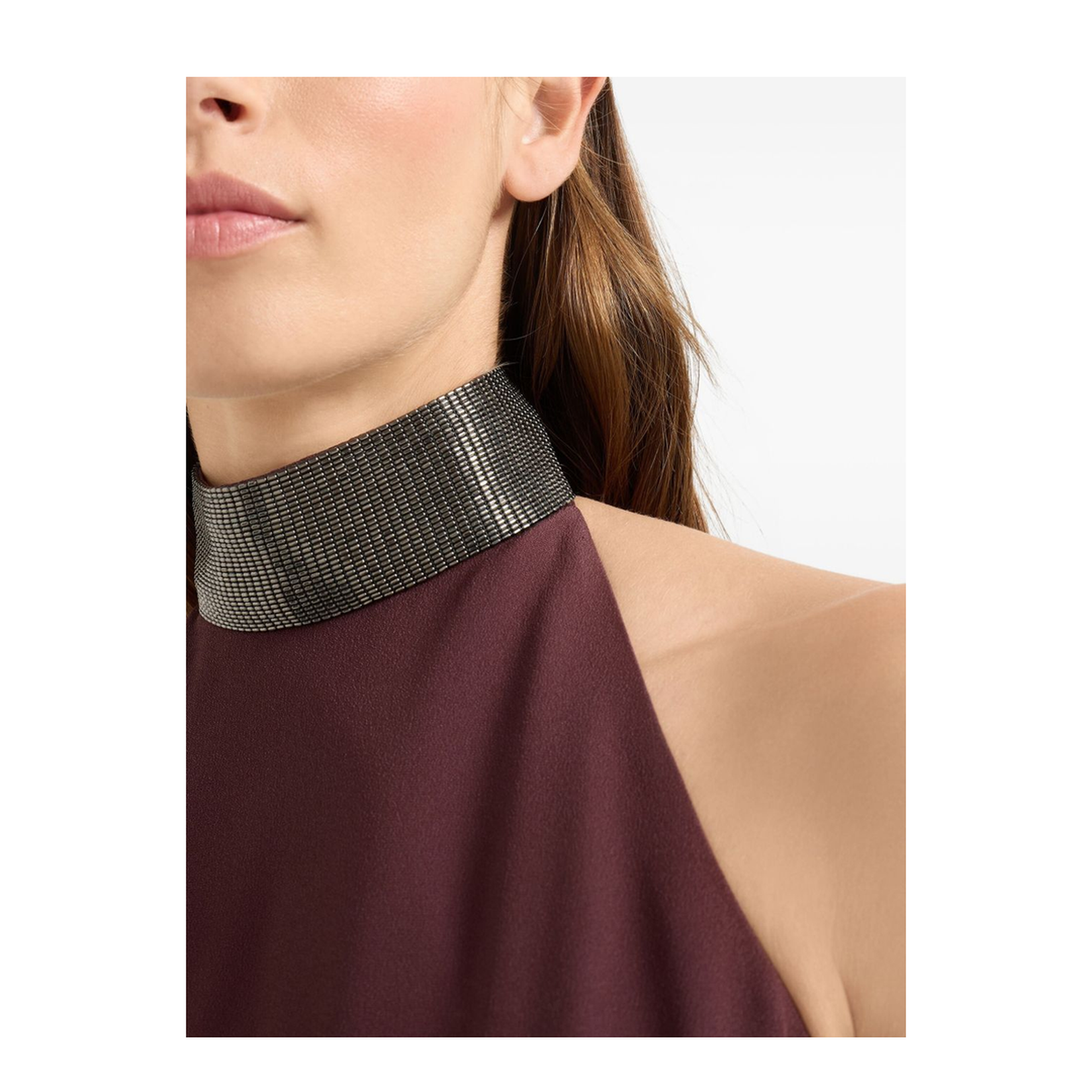 Burgundy Halter Neck Embellished Neckline Sleeveless Maxi Dress