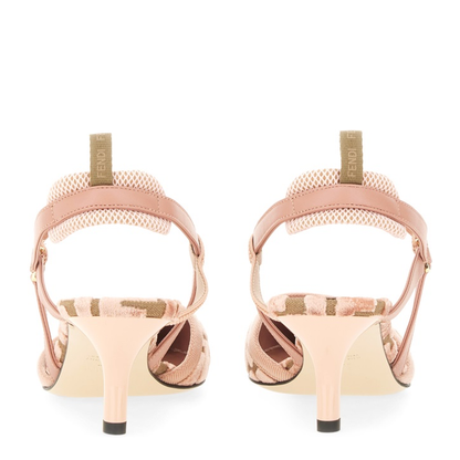 Pink Leather FF-Pattern Slingback Strap Pointed Toe Kitten Heel