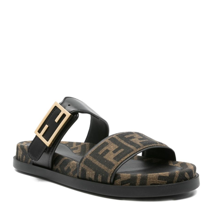 Black FF-Logo Pattern Double Strap Design Buckle Detail Flat Sole Leather Trim