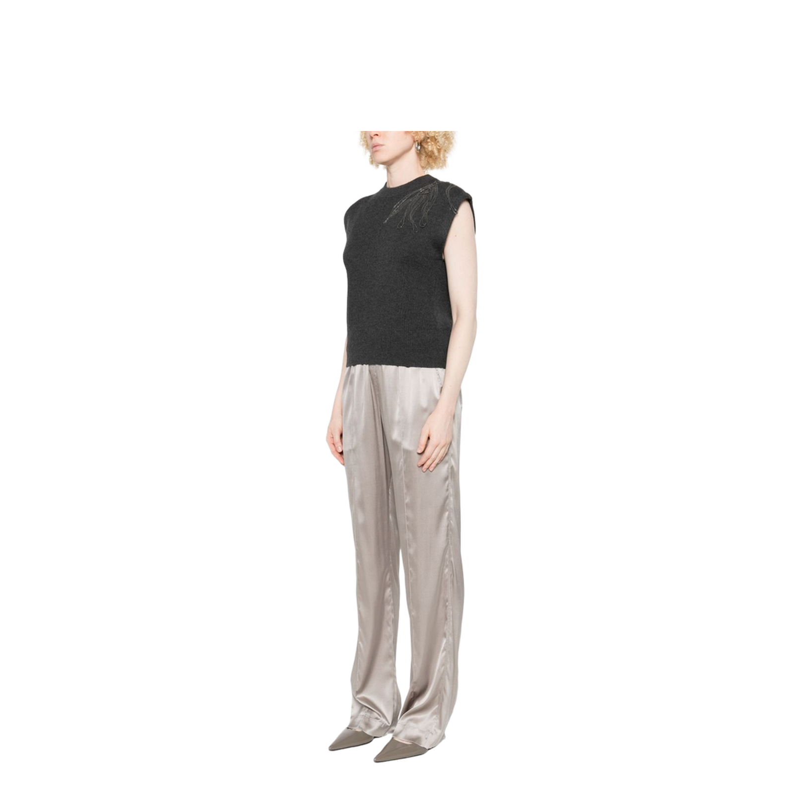 Dark Grey Ribbed Knit Sleeveless Top