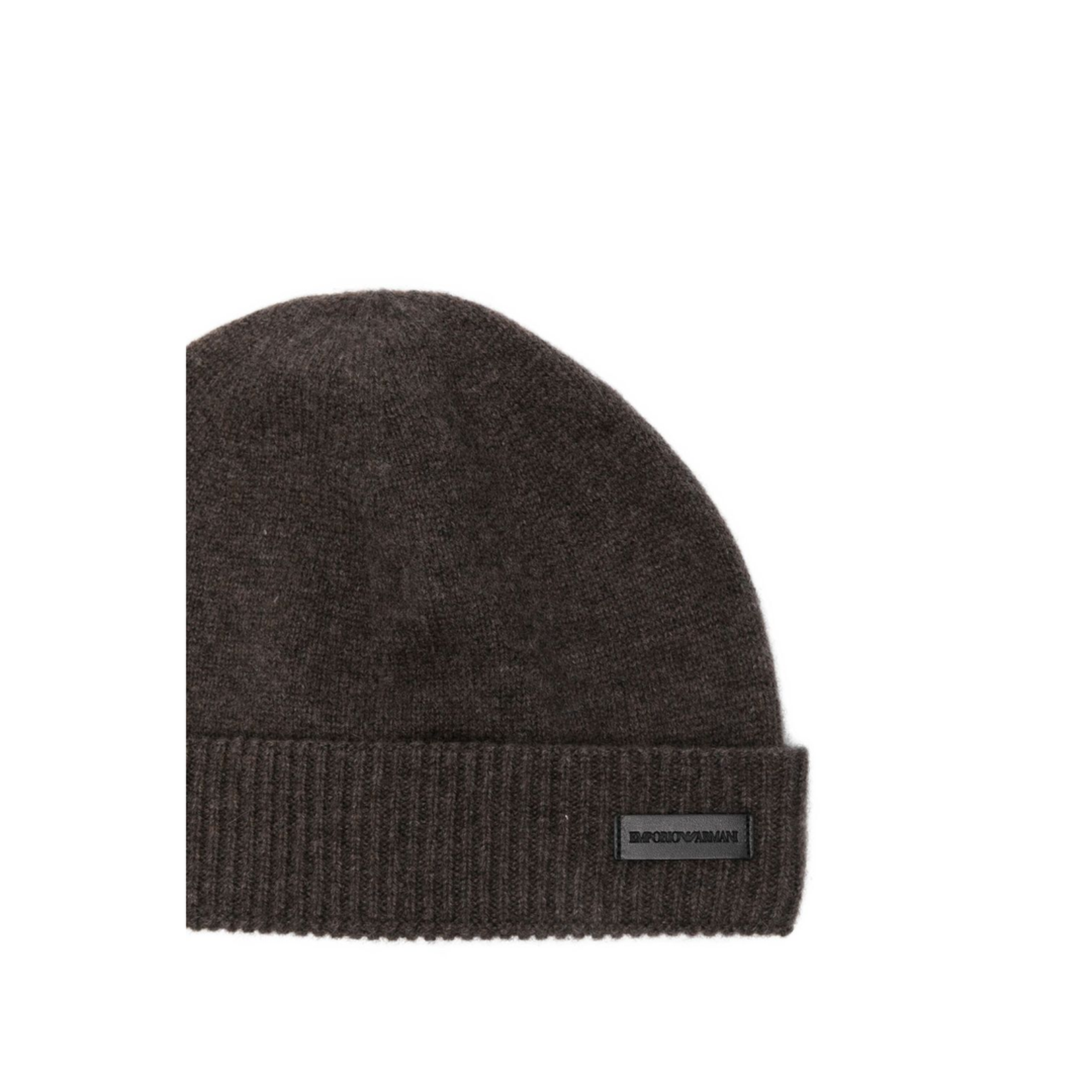 Brown Cashmere Ribbed Knit Turn-Up Brim Logo Patch