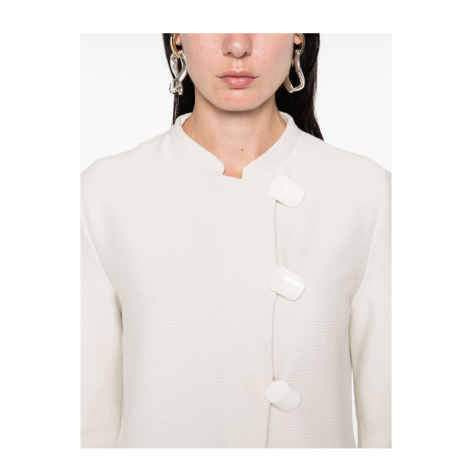 Ivory Button Fastening Round Neck Long Sleeves