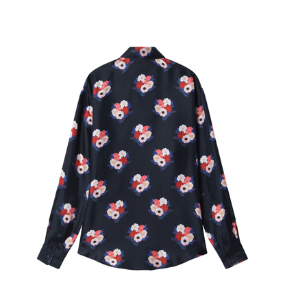 Dark Blue Satin Shirt with Floral Print