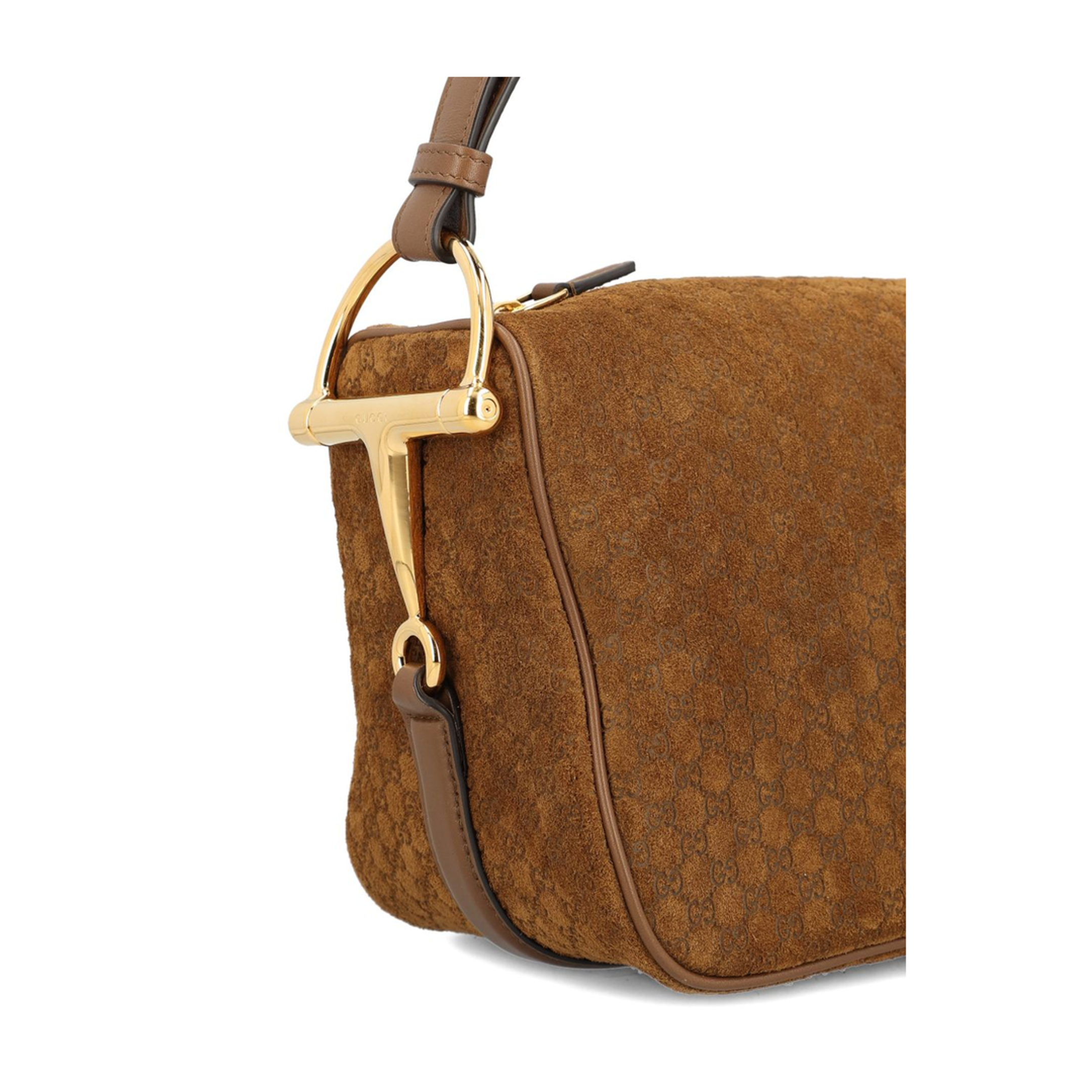 Half Horsebit Medium Suede Shoulder Bag - Brown