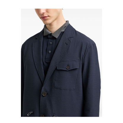 Navy Blue Textured Weave Two Button Jacket