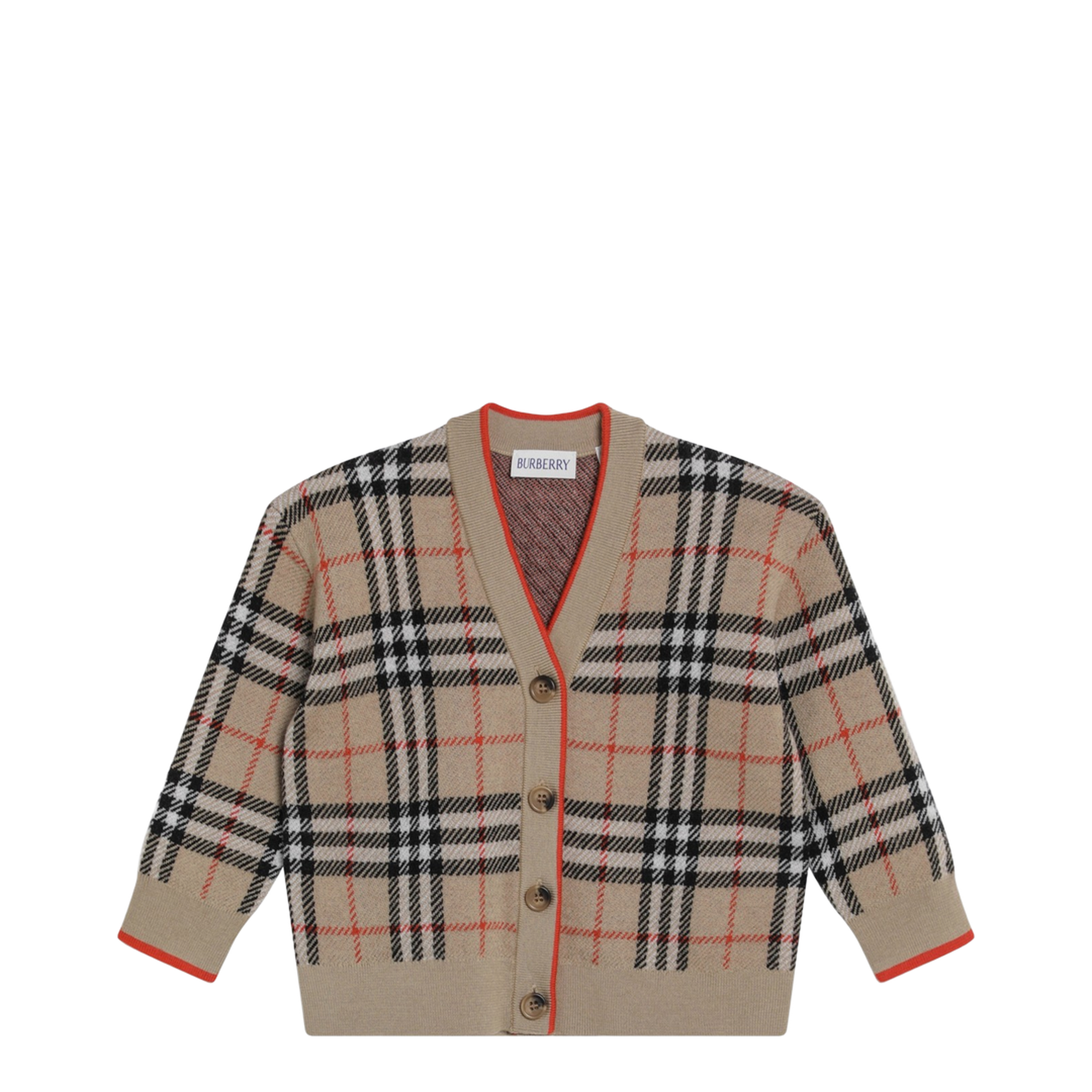 Beige Wool Cardigan with Check Motif