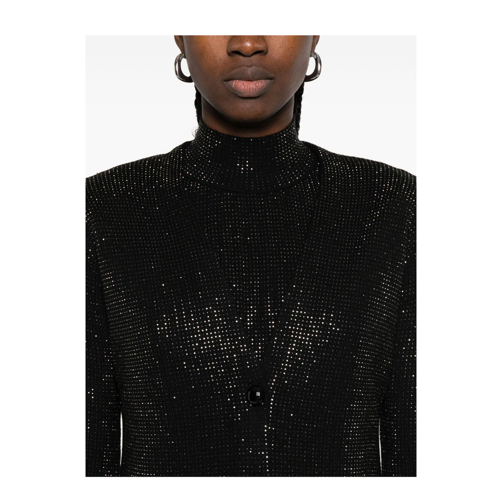 Virgin Wool-Blend Plain-Knit Cardigan with All-Over Rhinestones