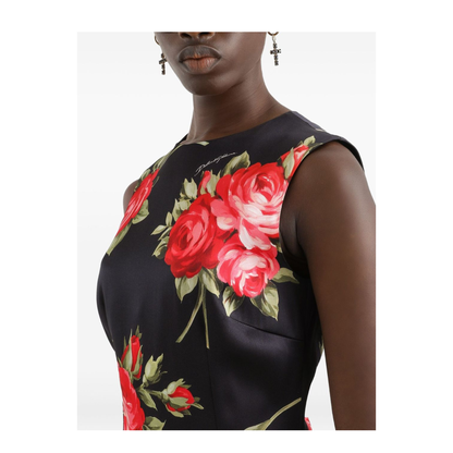 Bouquet Rose Print Satin Midi Dress