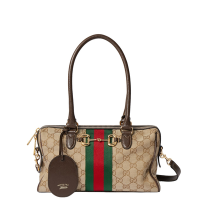 Borsetto Medium Boston Bag in Sand and Brown Canvas