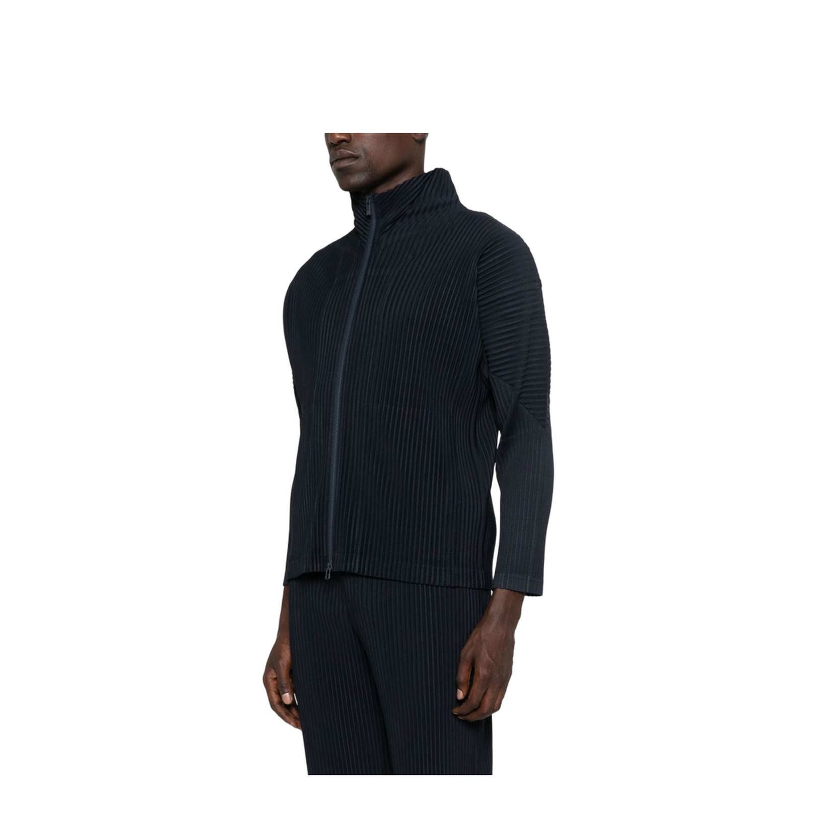 Pleated Texture Zip Fastening Stand Collar Regular Fit