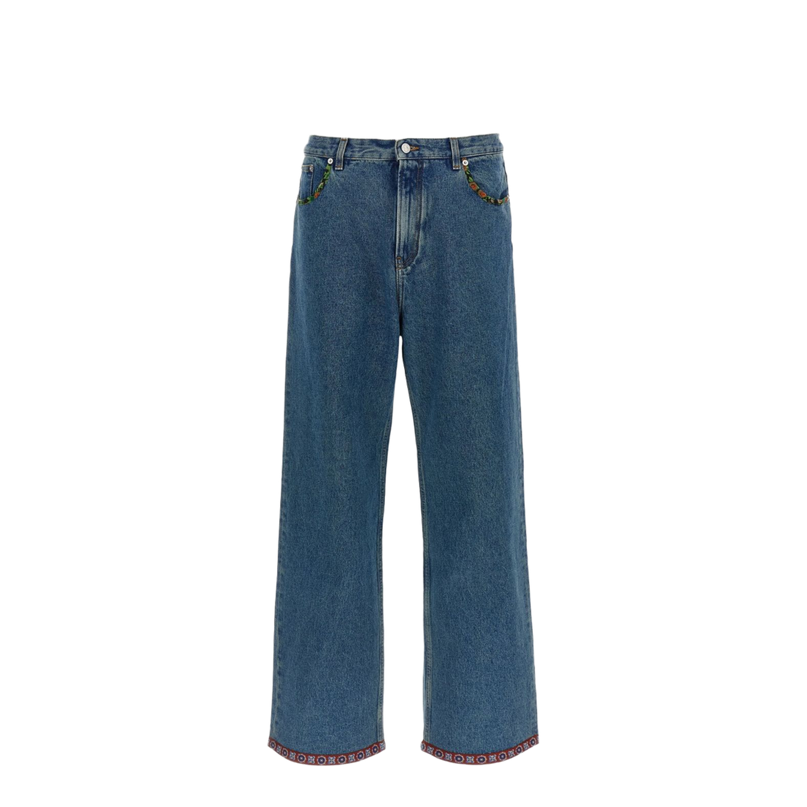 Denim Pants With Printed Border in Blue