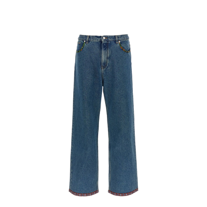 Denim Pants With Printed Border in Blue