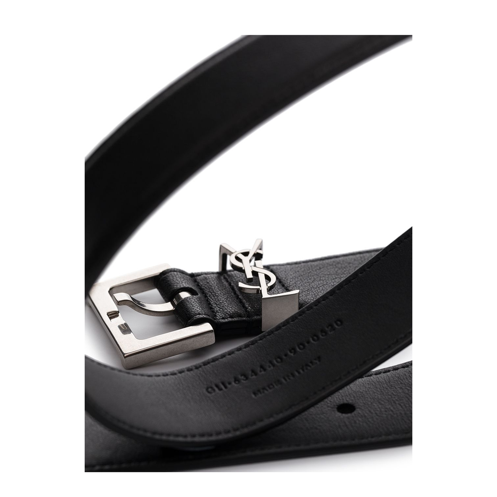 Black Leather Belt with Silver-Colored Monogram
