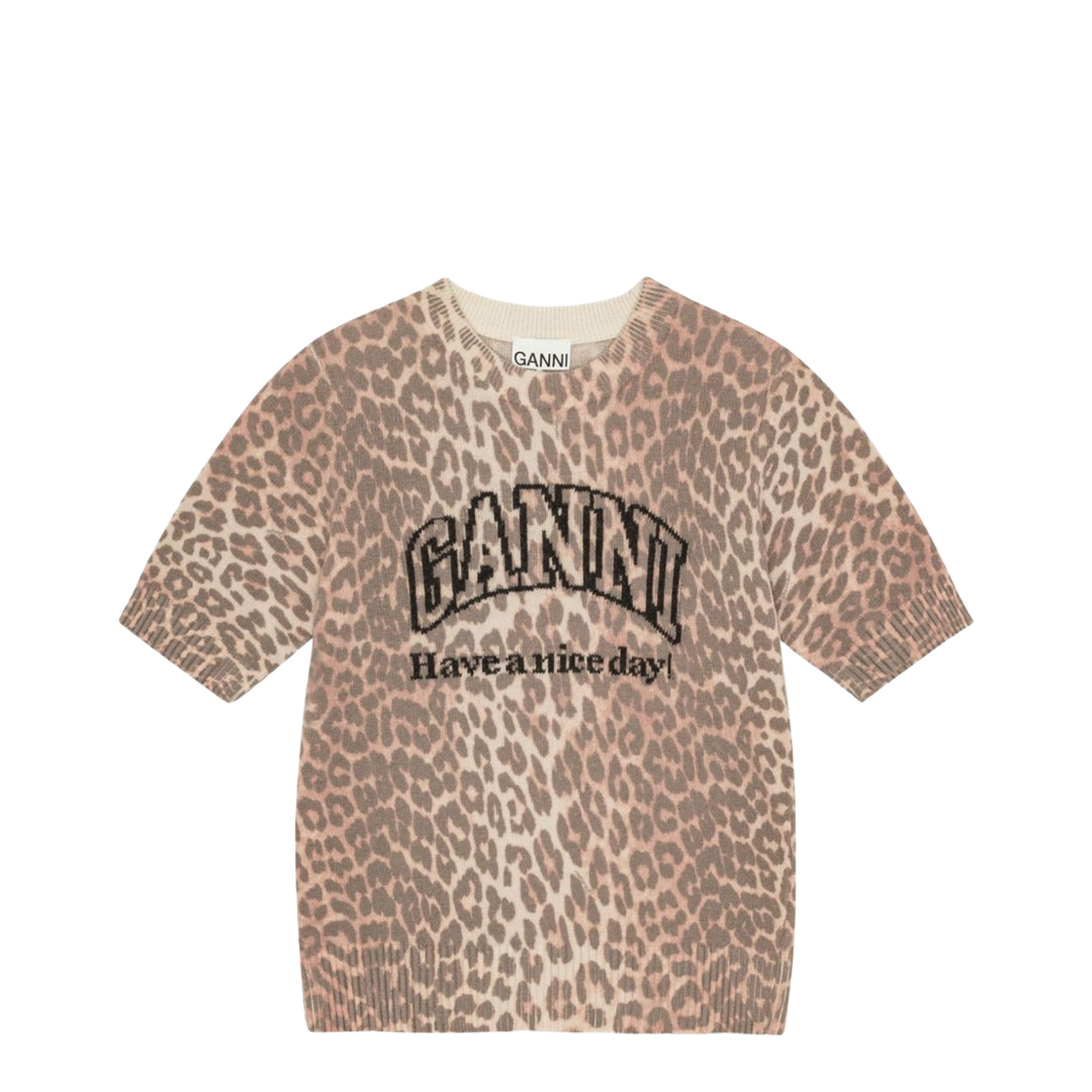 Beige Crew Neck Short Sleeves Leopard Print Ribbed Trim
