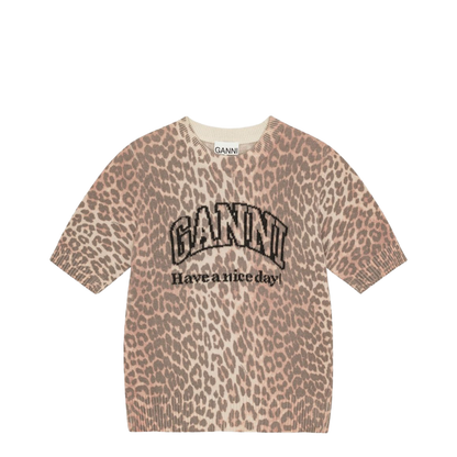 Beige Crew Neck Short Sleeves Leopard Print Ribbed Trim