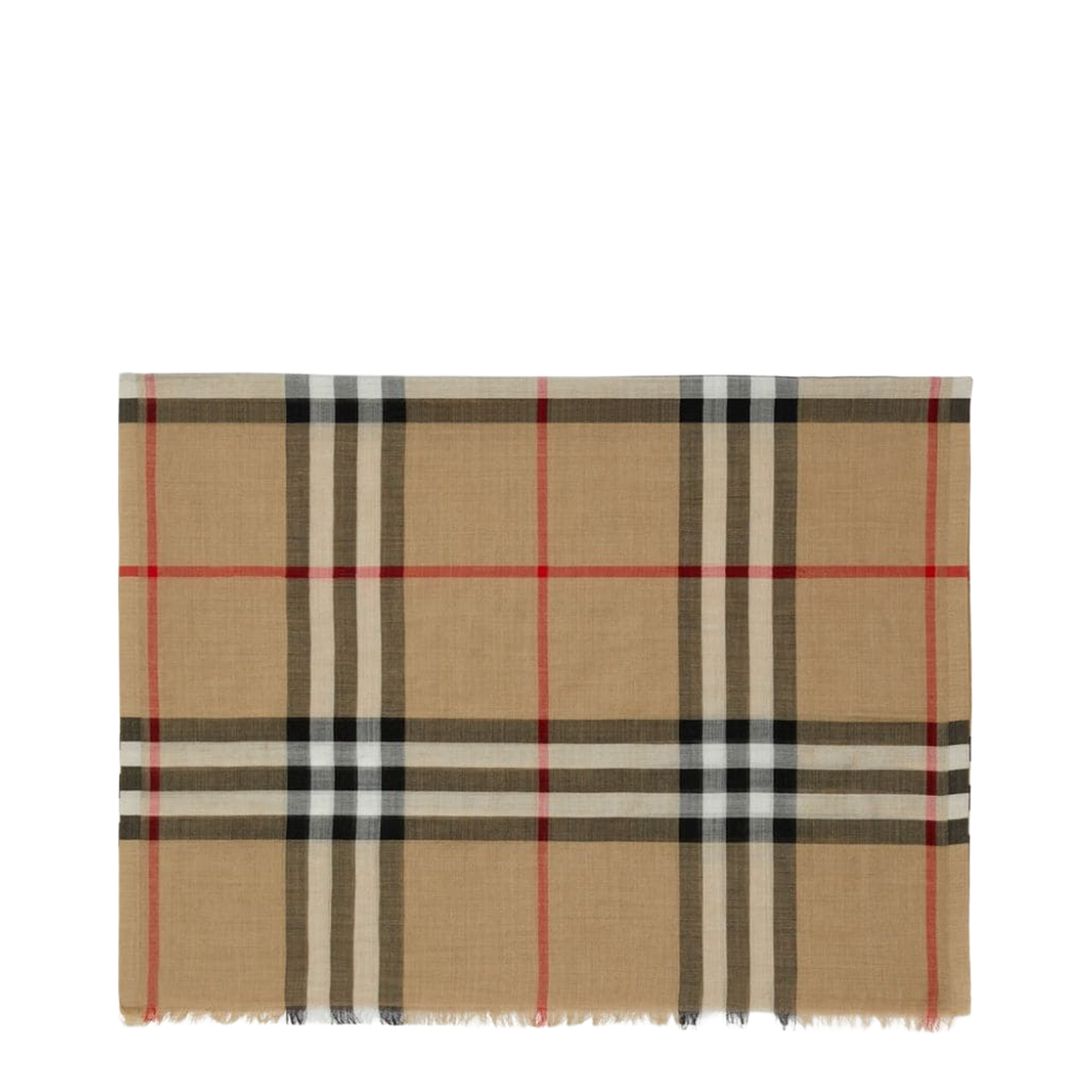 Beige Wool-Silk Blend Plaid Check Scarf