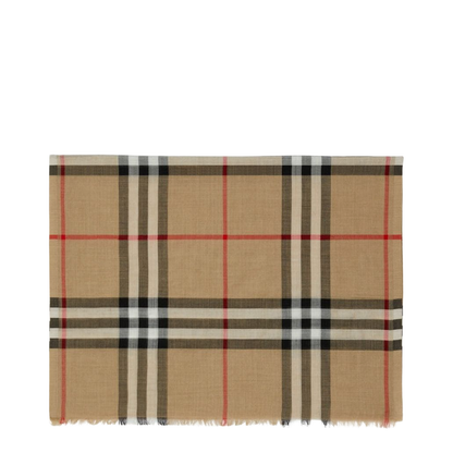 Beige Wool-Silk Blend Plaid Check Scarf