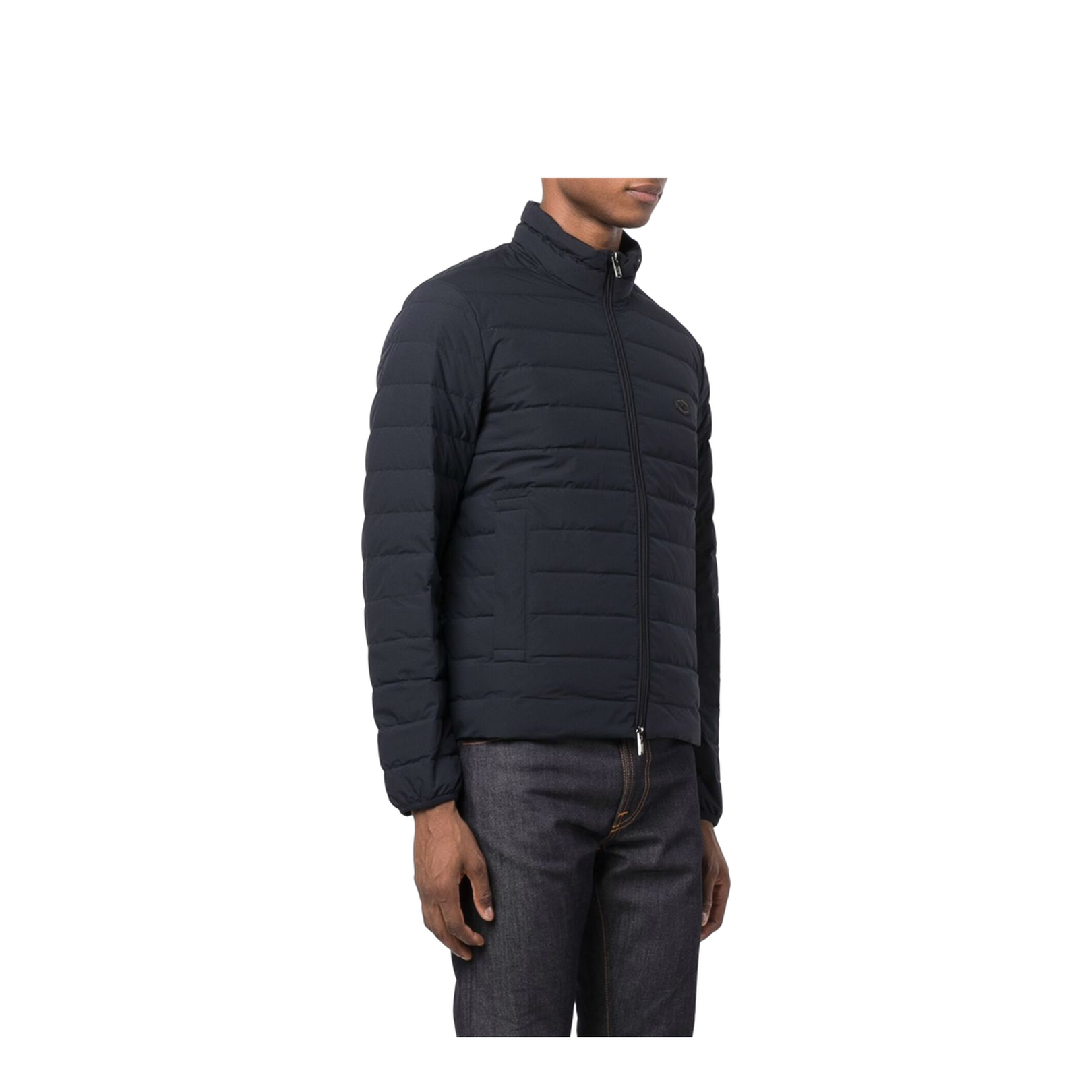 Navy Blue Feather Down Padded Logo-Patch Jacket