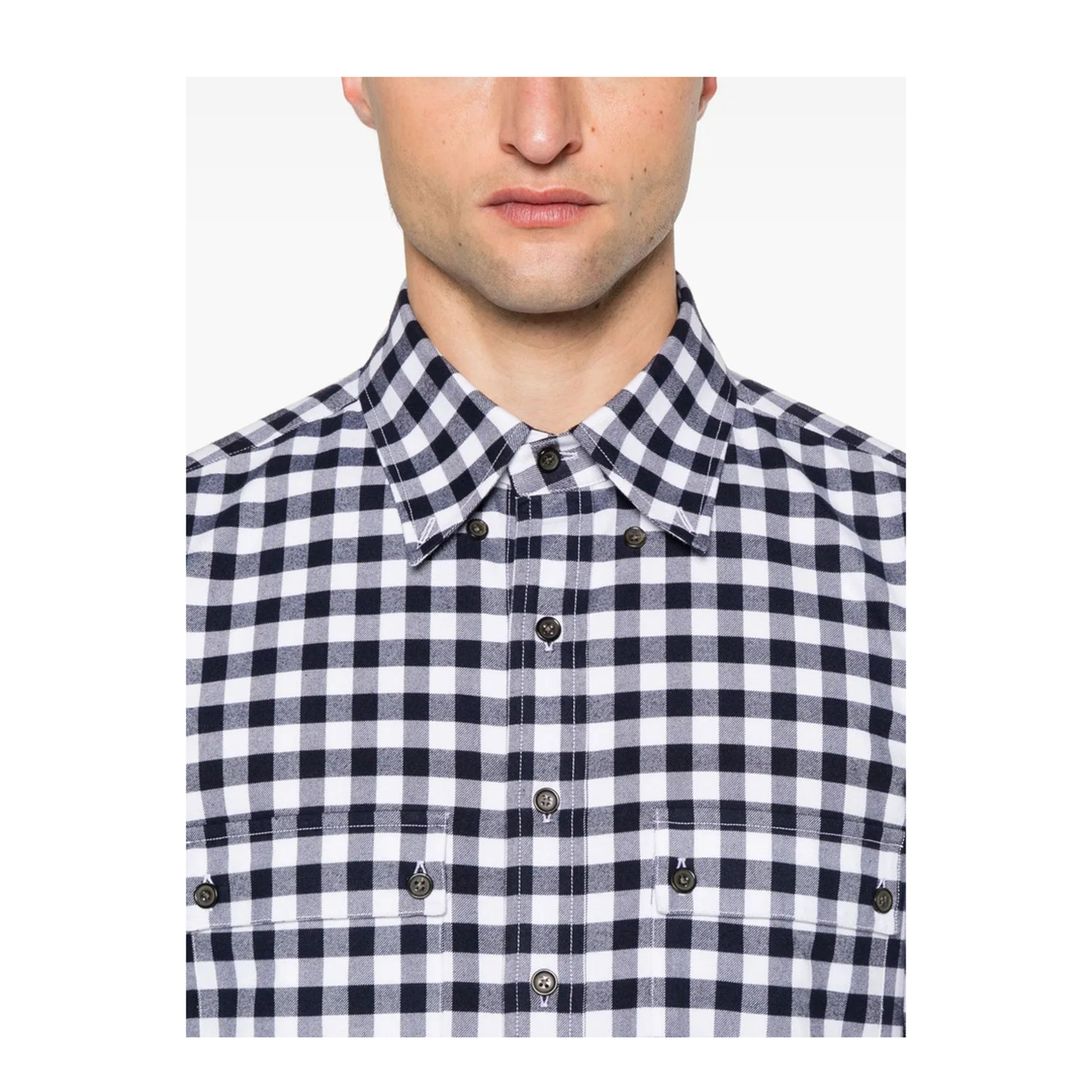MAYFEYR - Thom Browne - Utility Shirt With Patch Pocket In 4 Bar Gingham Check Flannel - MWL417AF0945415