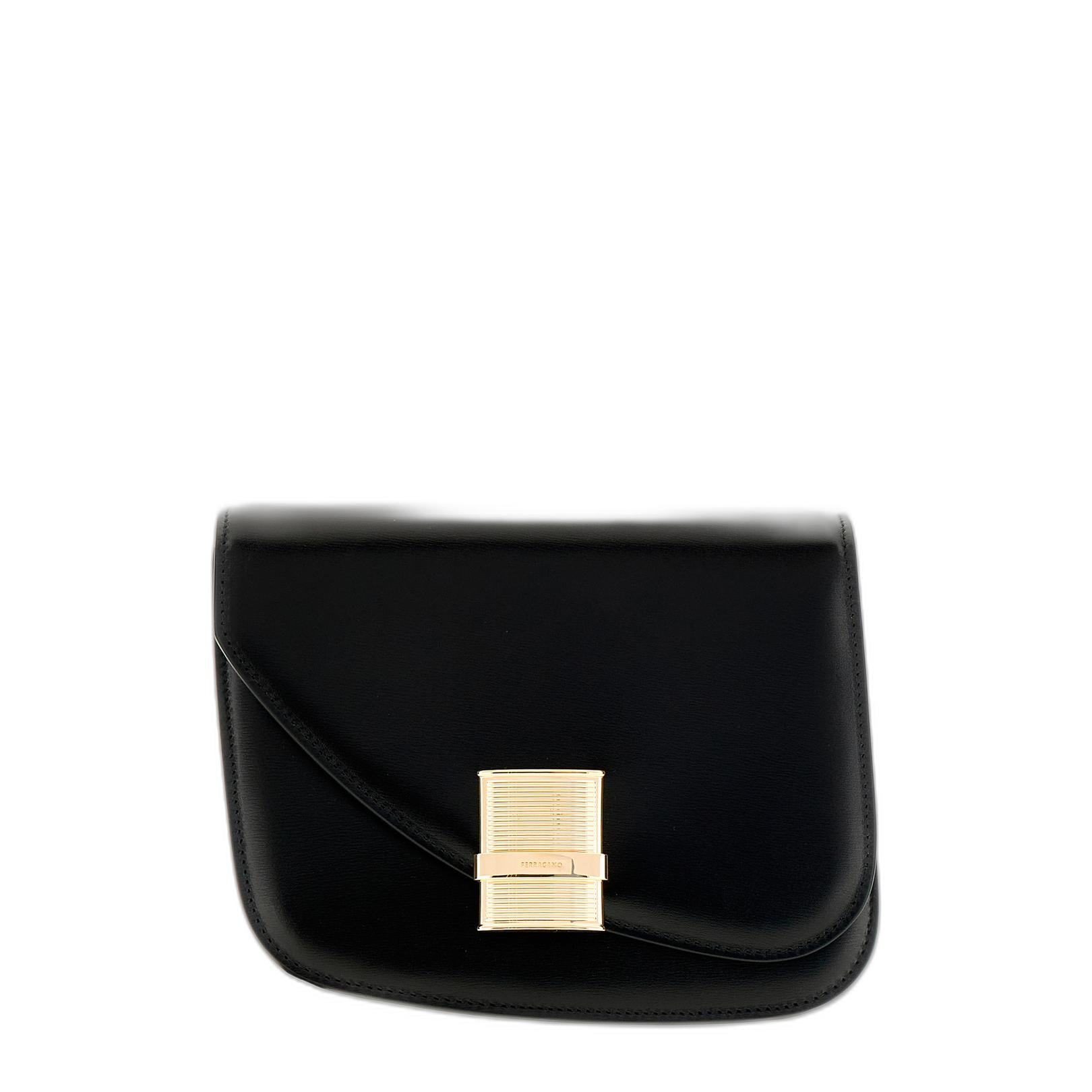 Ferragamo Black Leather Small Fiamma Crossbody Bag