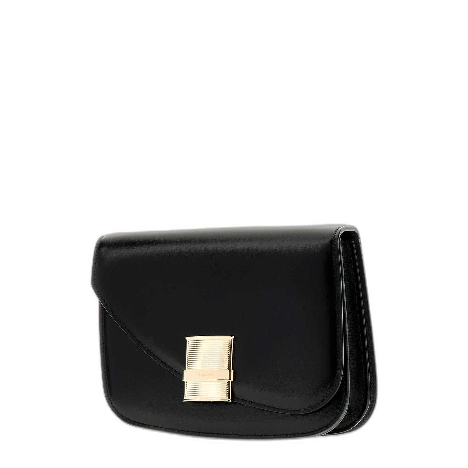 Ferragamo Black Leather Small Fiamma Crossbody Bag