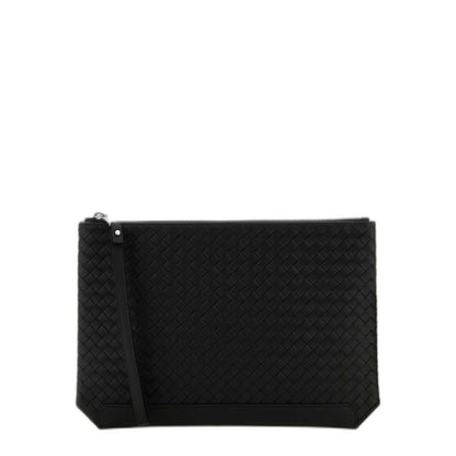 Black Leather Intrecciato Clutch