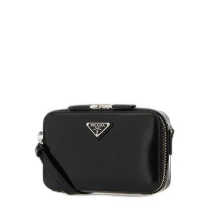 Black Leather Brique Crossbody Bag