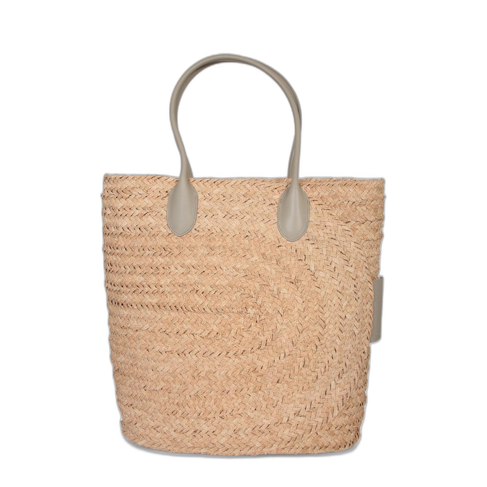 Raffia And Leather Nude Tote Bag