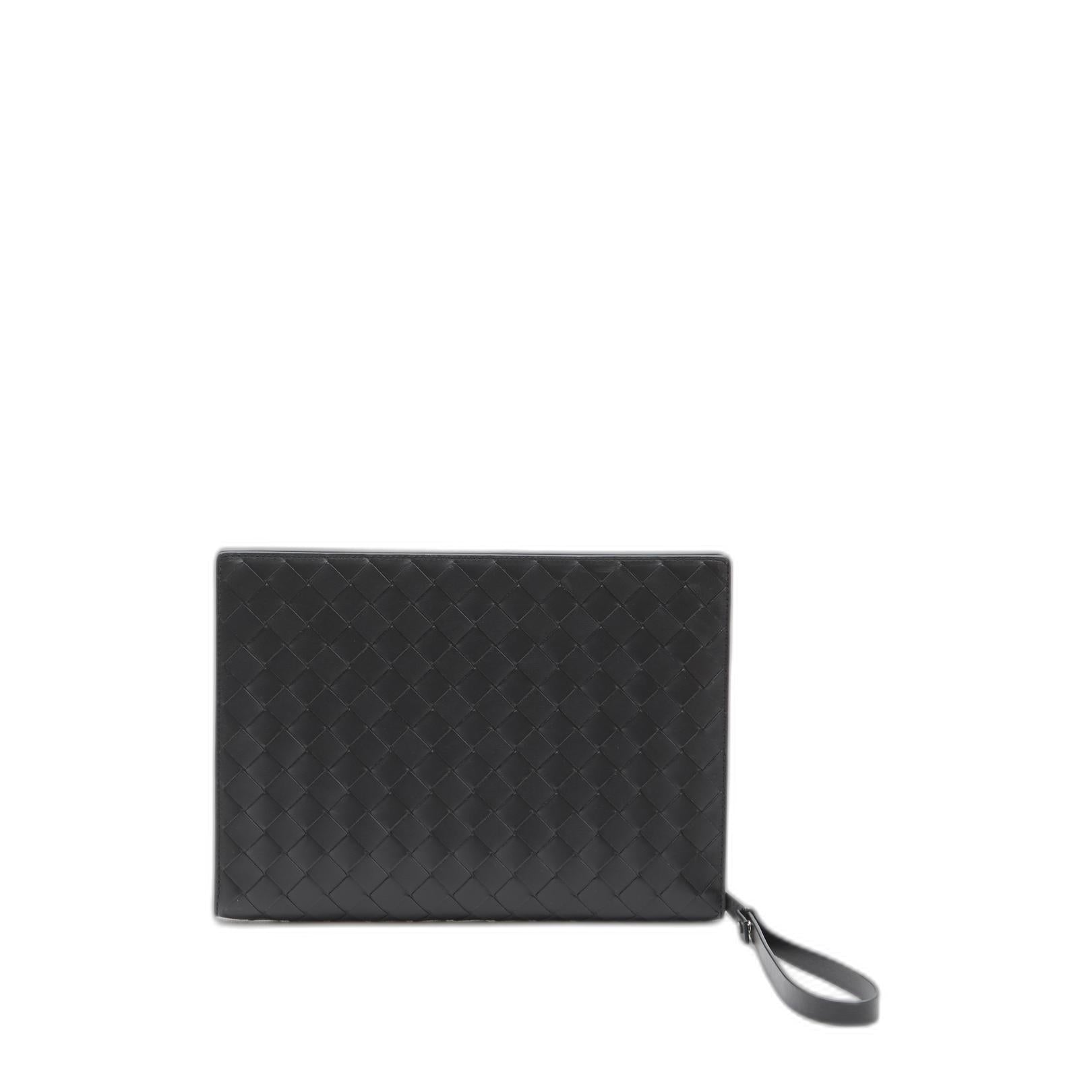 Black Leather Small Intrecciato Document Case