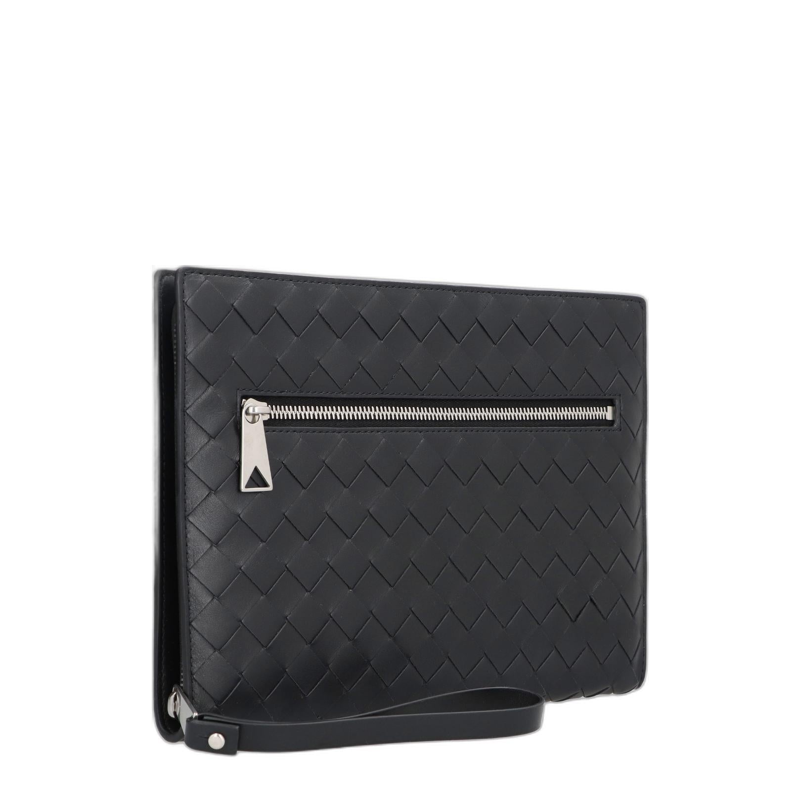 Black Leather Small Intrecciato Document Case