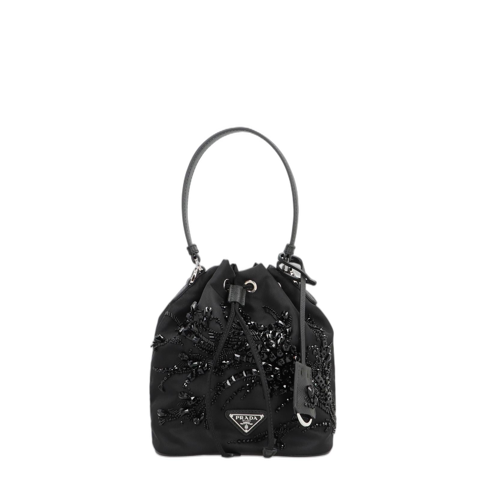 Prada Re-nylon Bucket Bag With Ramage Embroidery - Black