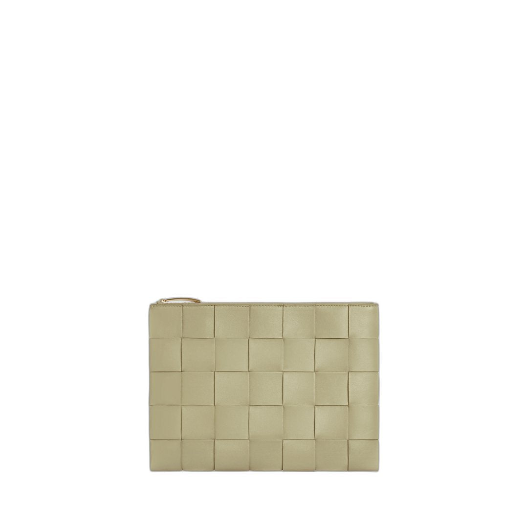 Medium Flat Pouch In Olive Travertine & Gold