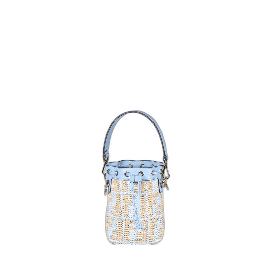 Mon Tresor Mini Raffia Bucket Bag In Blue